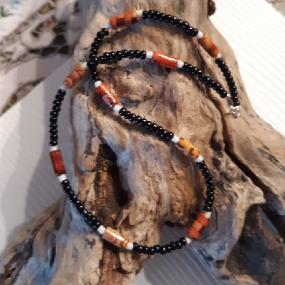Ethnic Wood Bead / Seed Bead Necklace 17"